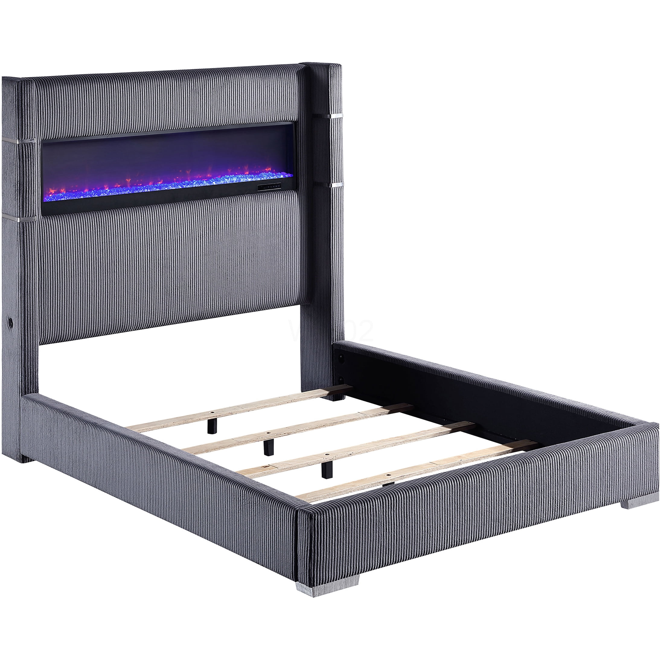 Modern Upholstered Queen Size Bed Frame with RGB LED Flame Effects and Remote Control