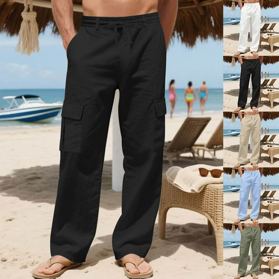 FRSASU Linen Cargo Pants for Men Summer Casual Elastic Waist Pants with Pockets Relaxed Fit Beach Yoga Travel Lounge Pants White