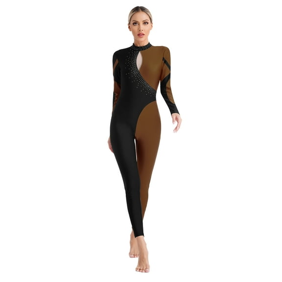 YONGHS Women's Gymnastics Leotard Long Sleeve Unitard Ballet Dance Costume Athletic Full Body Suits Brown XL