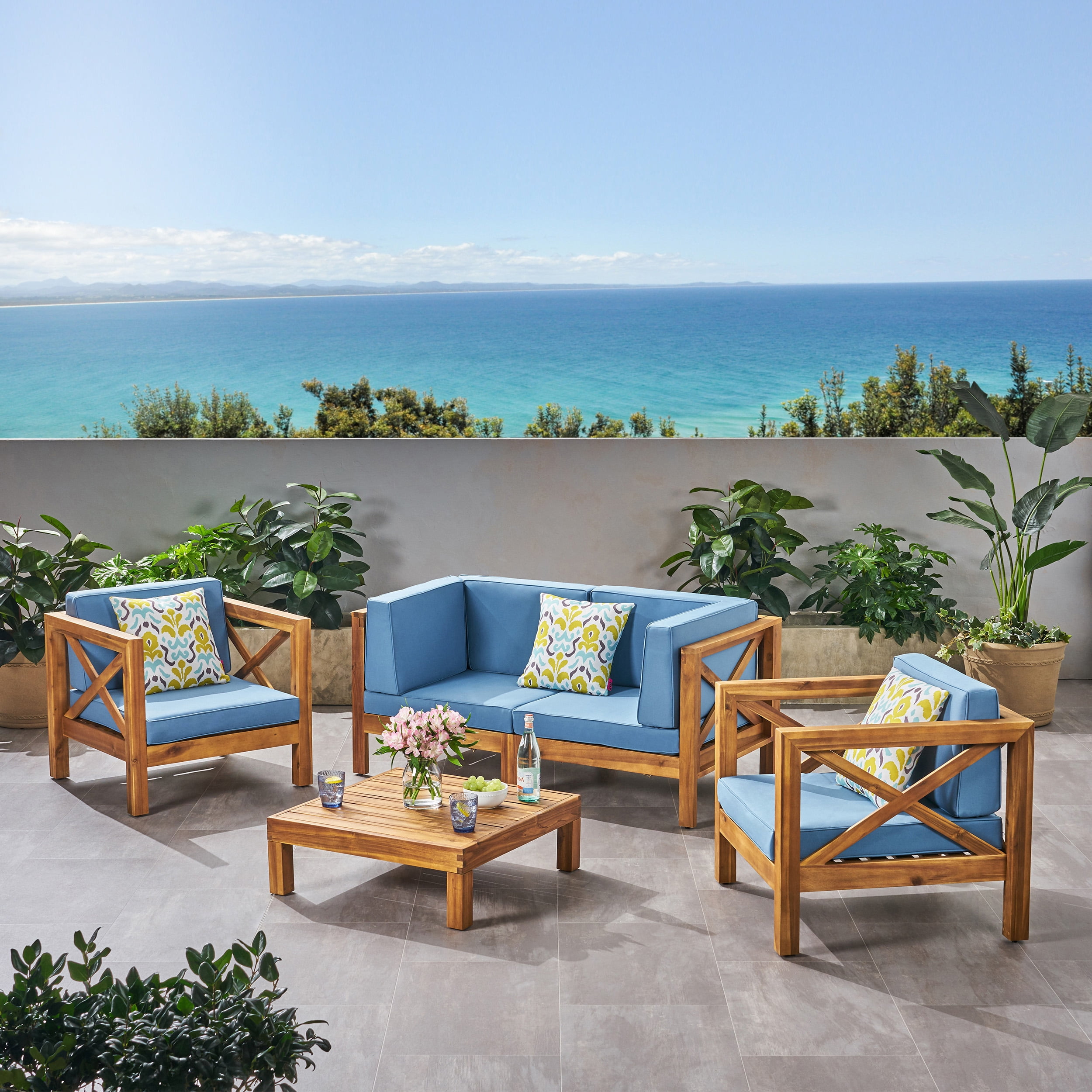 Elisha Outdoor 4 Seater Acacia Wood Loveseat Chat Set, Teak and Blue