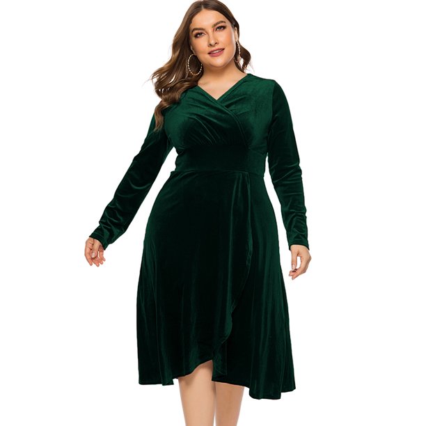Vestido de talla grande para mujer Cuello cruzado de terciopelo Cuello en V Cintura alta Drapeado Ma Abanopi Verde/XL