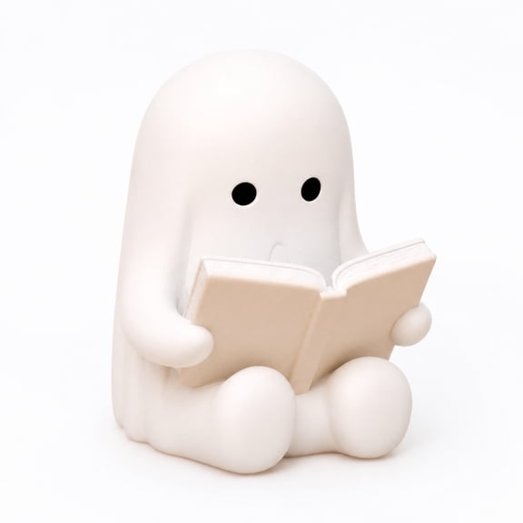 HOZVOMI Cute White Reading Ghost Figurine 3in Mini Spooky Kawaii Ghost Statue, Resin Halloween Ornament for Desktop Shelf Table Home Office Decor, Gift for Book Lovers