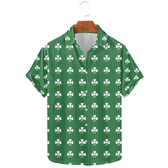 BLTIBY 2025 St. Patrick's Day Shirt for Men Button Down Irish Shamrock Printed Short Sleeve Lapel Shirts Casual Loose Fit Top Green L