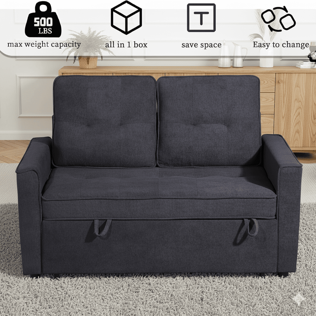 TiramisuBest 3 in 1 Sleeper Sofa Bed, 55'' Convertible Pull Out Couch with Side Pockets, Loveseat Sleeper Sofa with Adjustable Backrest for Living Room Bedroom Apartment (Black)