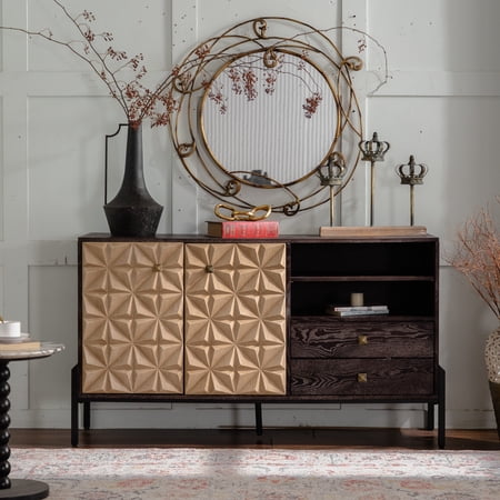 Solid Wood Sideboard with 3D Geometric Design Two Door Storage Cabinet and Two Drawers Mid Century Modern Console for Dining Room Living Room or Kitchen