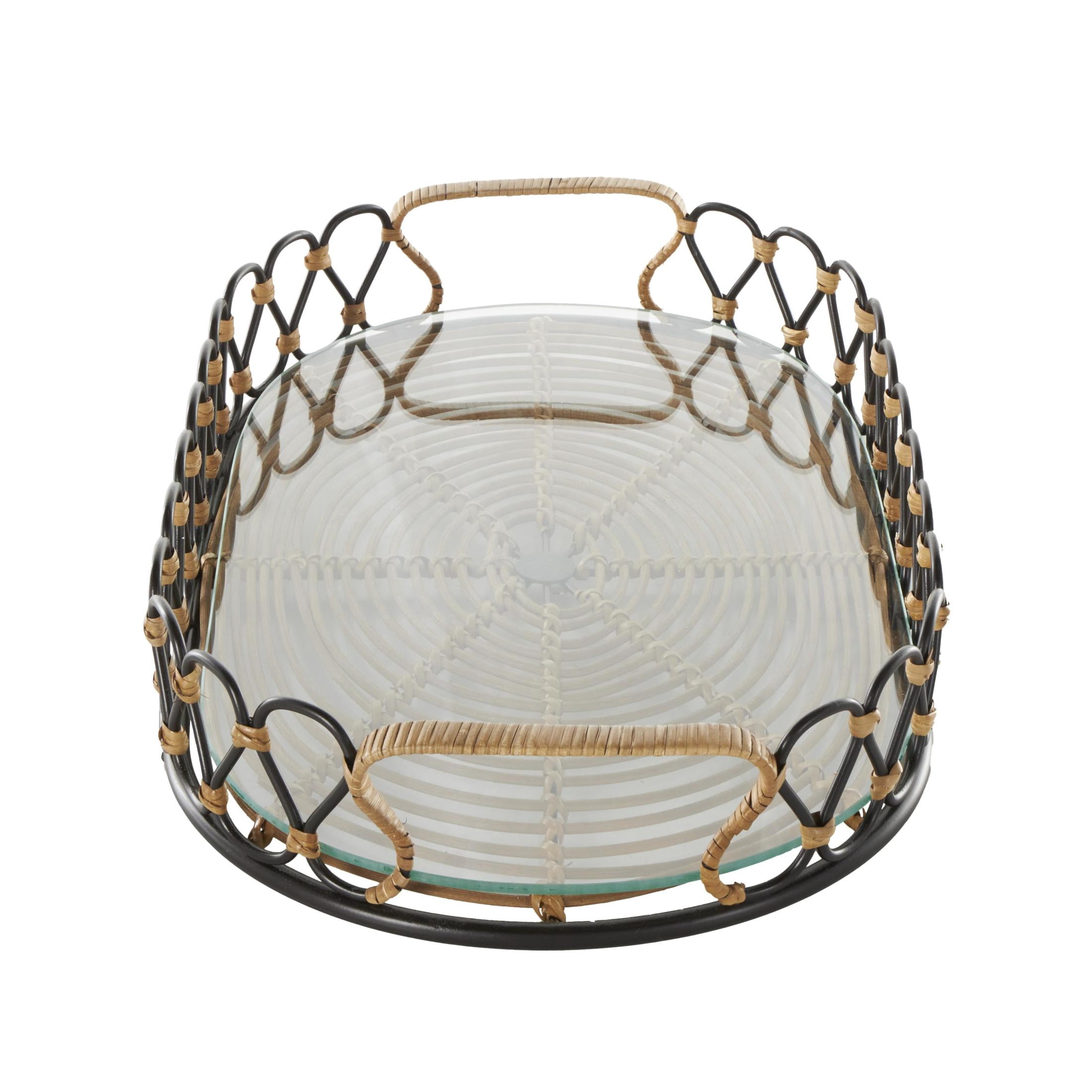 DecMode 22" x 12" Black Metal Circular Woven Tray with Glass Base, 1-Piece