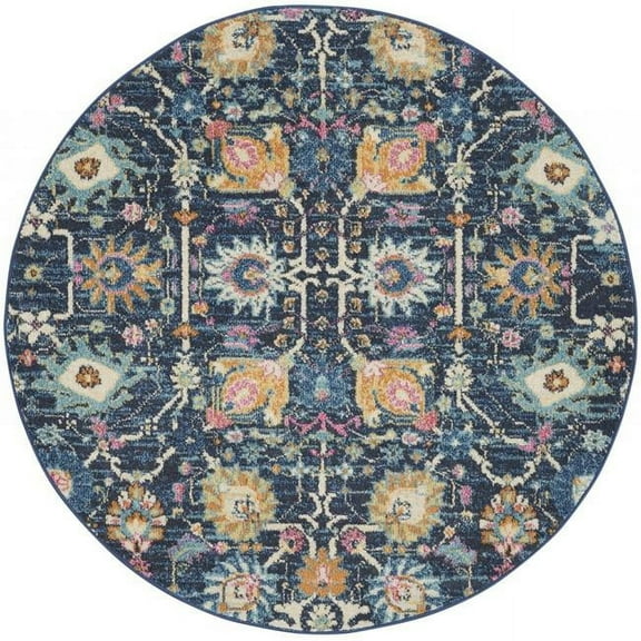 4 ft. Round Navy Blue Floral Buds Area Rug - Navy Blue - 4'