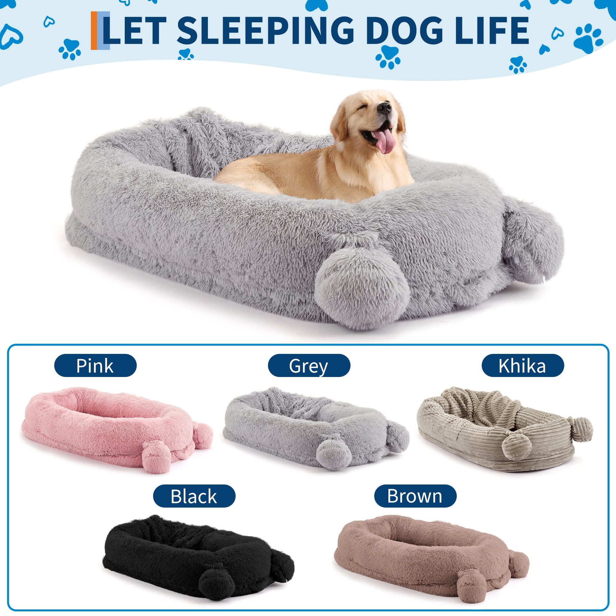 Human Dog Bed for Adults, Human Size Dog Bed Fits You and Pets, Washable Faux Fur Napping Orthopedic Dog Bed with Blanket & 2 Side Pockets, Grey