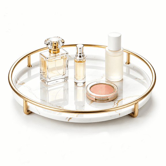 M Buder Bathroom Vanity Tray, White Round Decorative Countertop Organizer for Cosmetics and Jewelry, Skid Resistant Metal and Glass Storage Makeup Organizers for Home, 8.3 inches / 21 cm