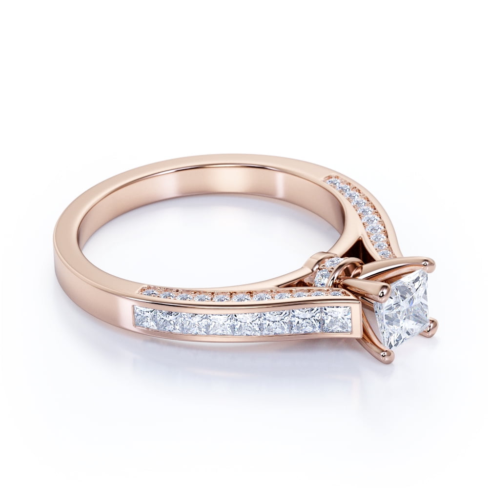 JeenMata Vintage 1 Carat Princess Cut Moissanite - Channel Set Band - Edwardian Engagement Ring in 18K Rose Gold over Silver