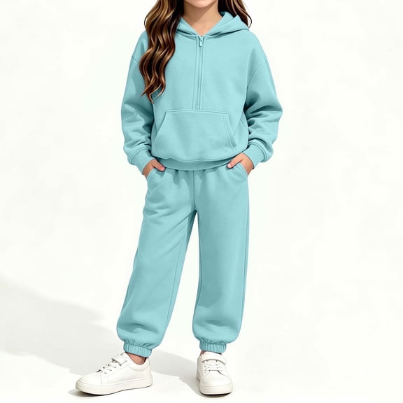 BXJX Girls Outfit Sets Size 8 T, Outdoor 2 Piece Long Sleeve Half Zip Hoodies and Jogger Pants Sets Light Blue