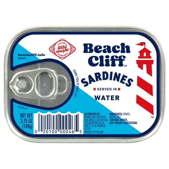 Beach Cliff Wild Caught Sardines in Water, Gluten Free, 12g Protein Per Serving, Shelf Stable Tin Can, 3.75oz