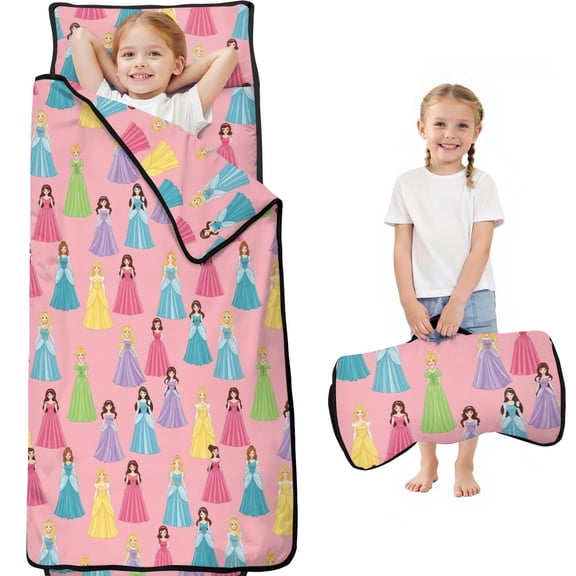 Princess and Dress Pink Pattern Teens Toddler Nap Mat with Pillow, Sleeping Mat Bag for Preschool Daycare 59"x22"