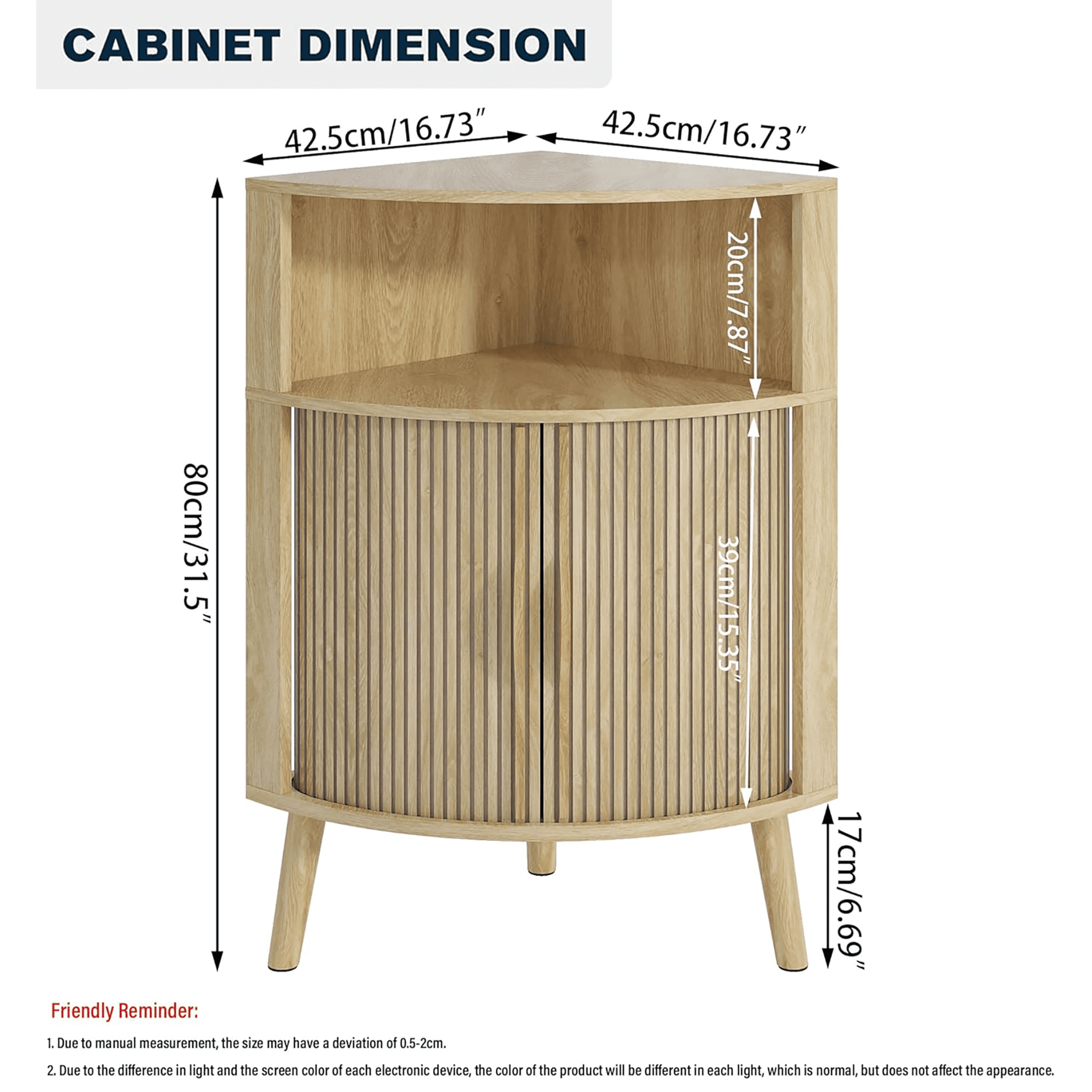 Fluted Bathroom Corner Storage Cabinet, Small Corner Floor Cabinet with Doors and Shelves, Freestanding Narrow Cabinets Organizer for Bathroom, Living Room, Kitchen, Natural