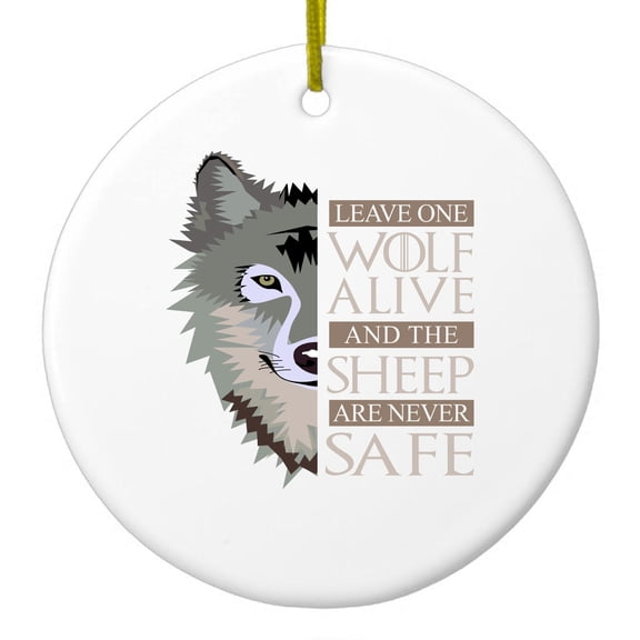 DistinctInk Hanging Ceramic Christmas Ornament - One Wolf Alive, Sheep Never Safe - Gold String, 2-3/4 inch Diameter