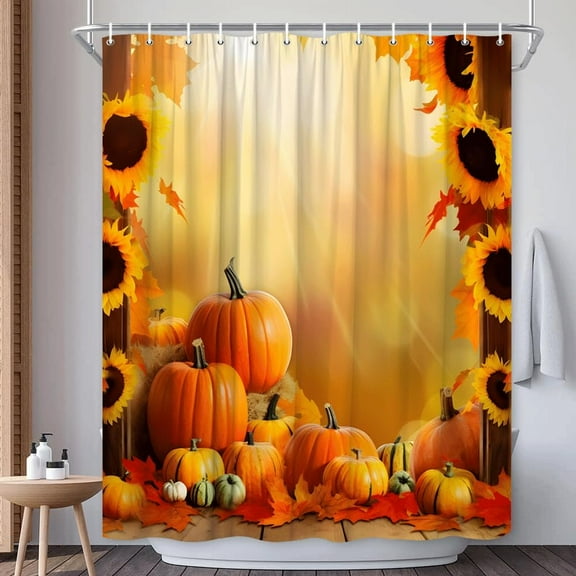 SPXUBZ Pumpkin Shower Curtain Fall Sunflower Pumpkins Maple Fallen Leaf Sunshine Orange Thanksgiving Halloween Polyester Fabric Bathroom Curtains with Hook