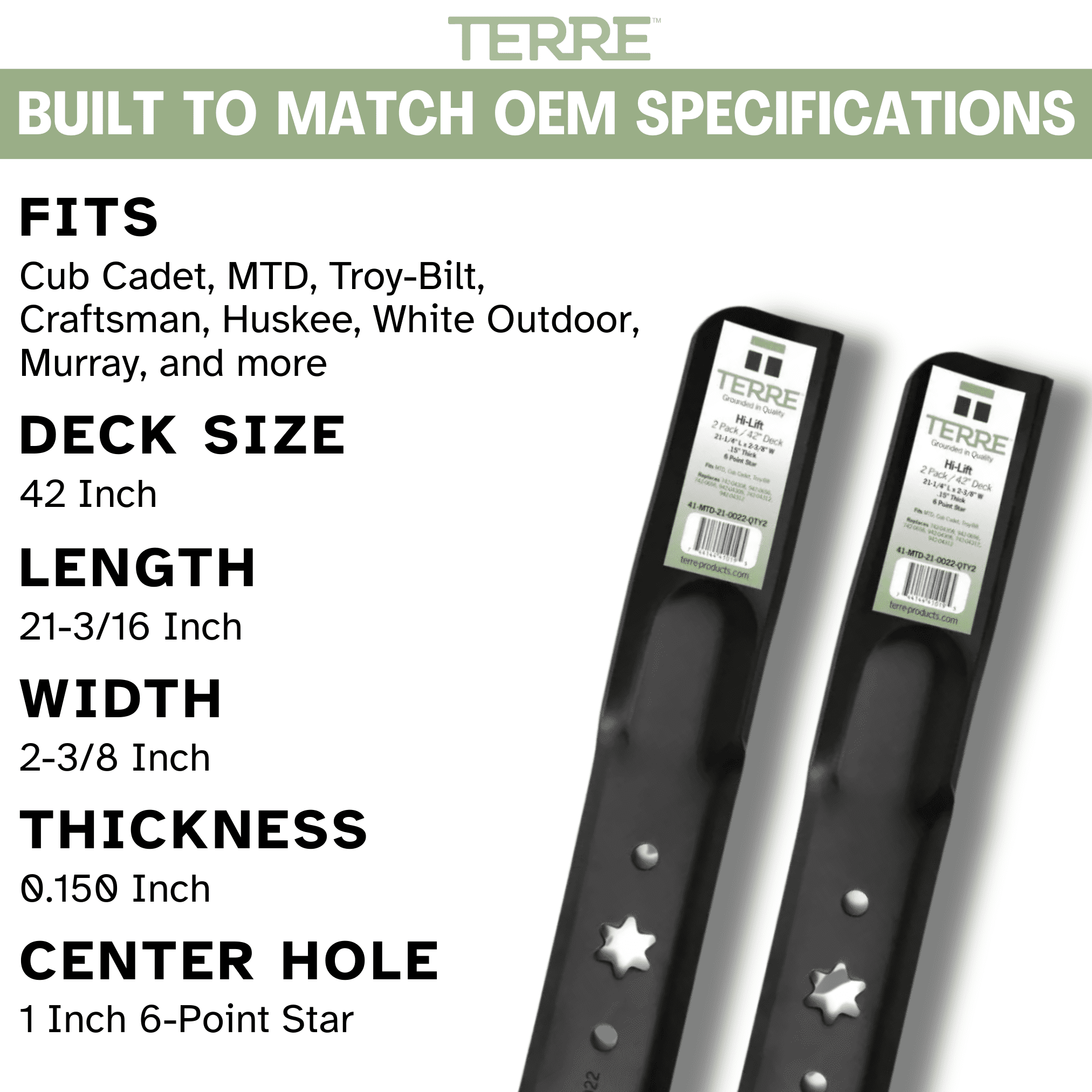 Terre High Lift Lawn Mower Blades, 42 Inch, for Cub Cadet, Troy Bilt, Craftsman