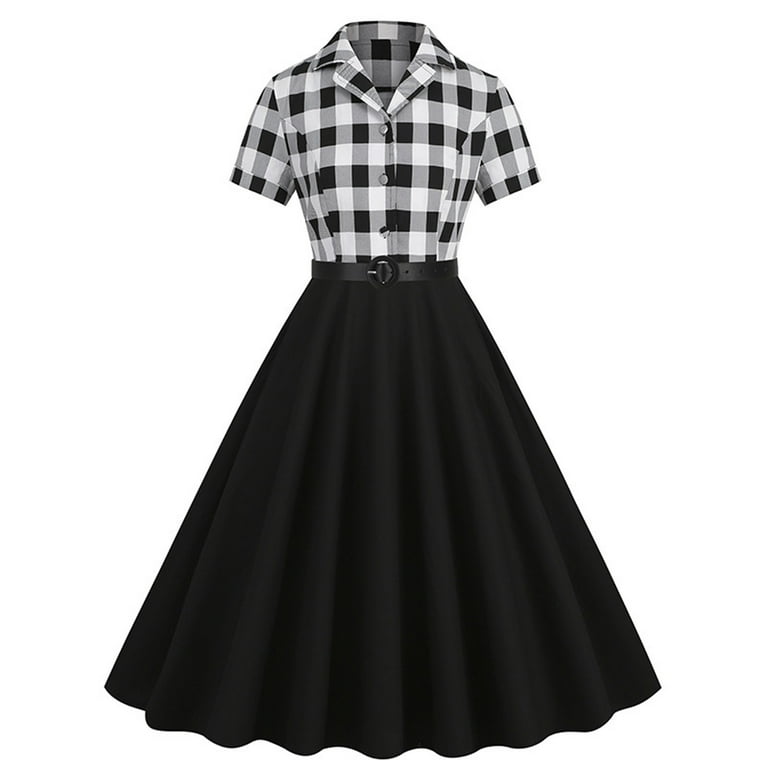 Lovskoo 2024 Women 1950s Vintage Short Sleeve Doll Collar Vintage Swing A Line Midi Summer Dress Cocktail Party Evening Prom Gown Black, Women's, Size