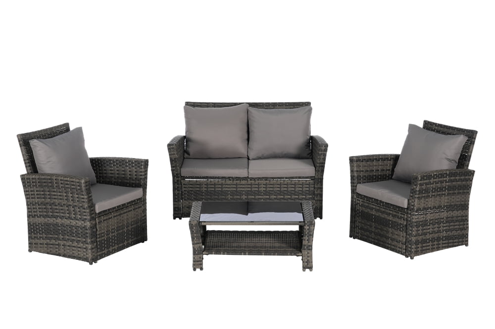 4 Pieces Patio Conversation Set, Outdoor Furniture Set with Cushion, Outside Sectional Rattan Wicker Sofa Furniture Set for Garden, Porch, Backyard, Gray