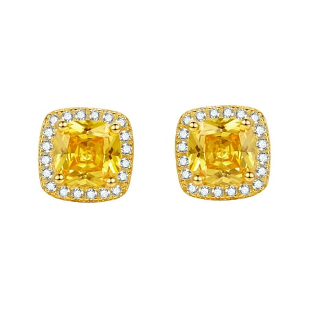 ZHOU LIU FU S925 Silver Stud Earrings 18K Gold Plated Cushion-Cut Yellow CZ Halo Jewelry Anniversary Gift for Women J0912839