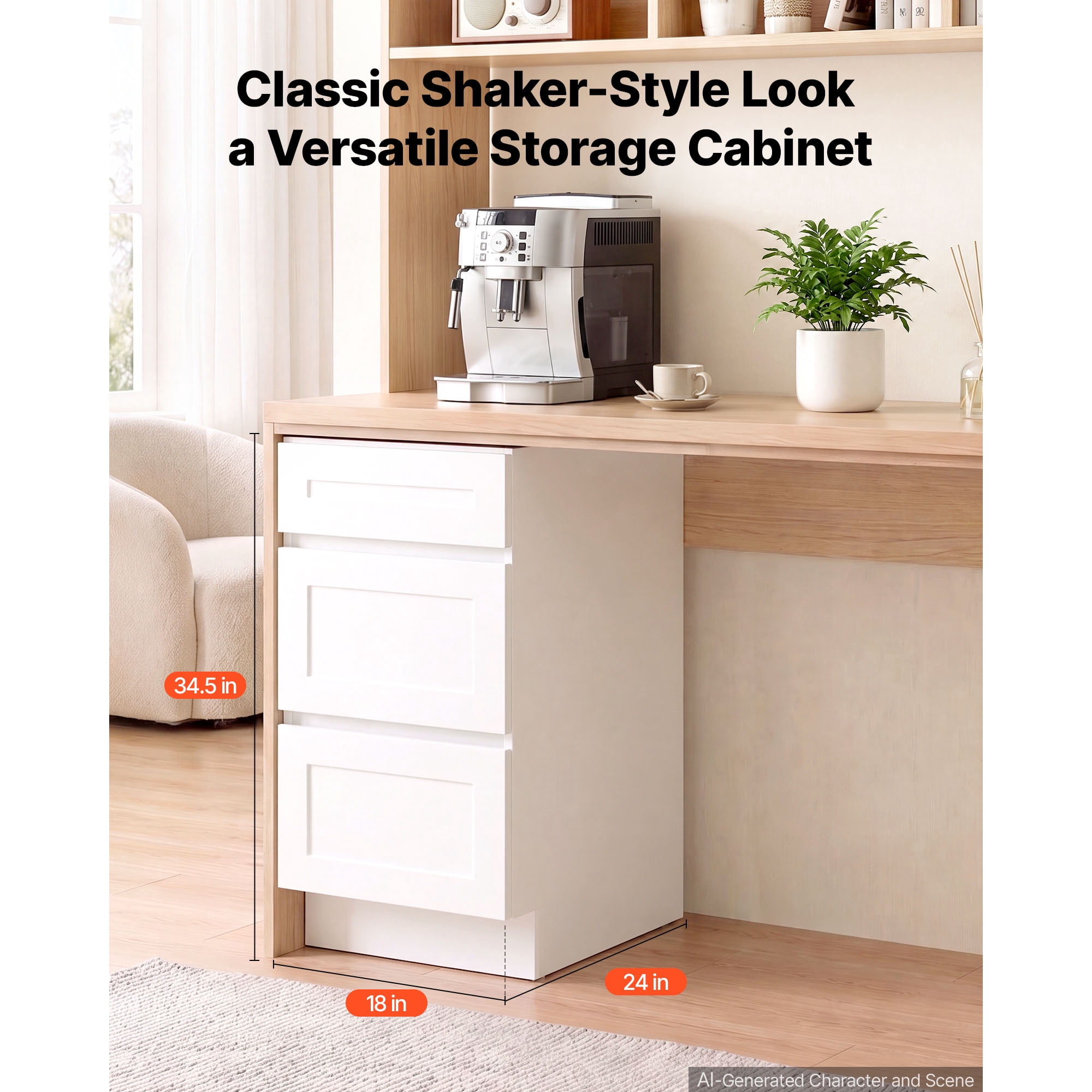 KFFKFF White Shaker Base Cabinet, 18"W, Ready to Assemble, 18" W x 24" D x 34.5" H, Featuring 3 Drawers, Soft-Close Mechanism, Durable Edge Banding, Suitable for Home, Office, or Laundry Spaces