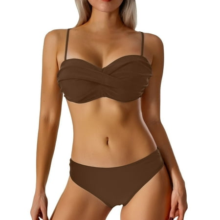 JIANJIA Tankini Swimsuits for Women Summer Solid Color Sexy Spaghetti Strap Push Up Bra And Panty Set Two Piece Swimwears Beachwear Coffee XXL