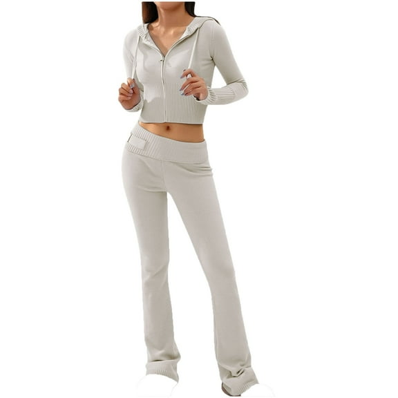 REORIAFEE Spring Outfit Women Sets Women Outfits Workout Set Women Fashion Sweater High Waist Elastic Hooded Suit Women Knit Suit Beige L