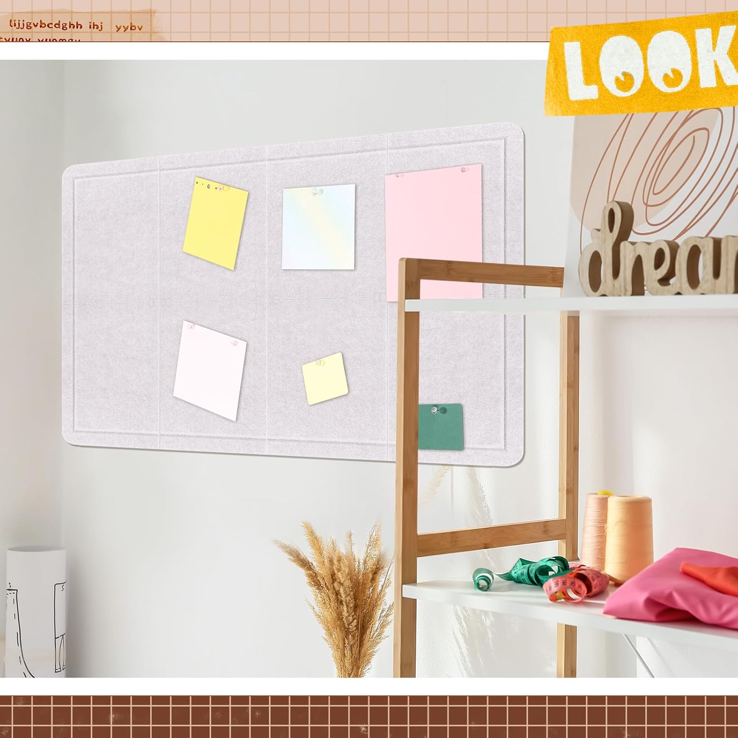 Large Beige Felt Bulletin Board 36 x 24 Alternative-9" x 12" 8 Pcs Felt Board Tiles for Wall Adhesive Bulletin Cork Board with Textured Paper, Sticker, Clear Round Pins for School Office