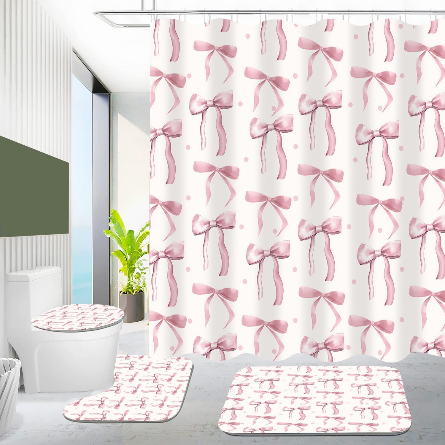 4Pcs Pink Shower Curtain Set Cute Bathroom Sets with Shower Curtain and Rugs and Accessories Aesthetic Bathroom Decor Set with 12 Hooks