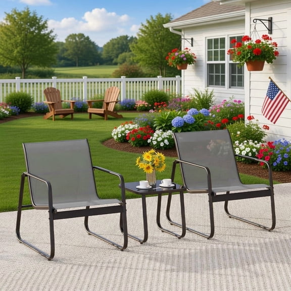 3-Piece Outdoor Patio Bistro Set, All-Weather Textilene Conversation Furniture with Loveseat Chairs and Coffee Table, Space-Saving Rust-Resistant Patio Set for Balcony, Backyard, Porch, Deck, Gray