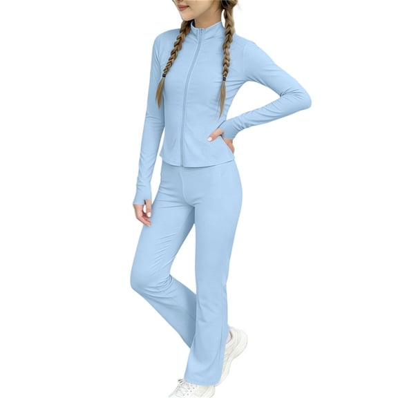 Ahabrexf Girls Tracksuit Set Solid Color Long Sleeve Zipper Standing Collar Breathable Running Fitness Yoga 2-Pc Summer