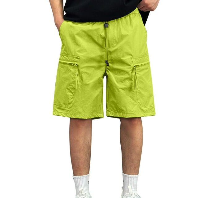 Ohufall Mens Outdoor Cargo Shorts Solid Plus Size Multi Pockets Fashion Zipper Hiking Shorts Adjustable Elastic Waist Drawstring Cargo Short Pants, Size M-4XL