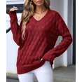thumbnail image 6 of Women'S V Neck Hollowed Out Sweater Long Sleeve Knit Pullover Sweater Red L, 6 of 9