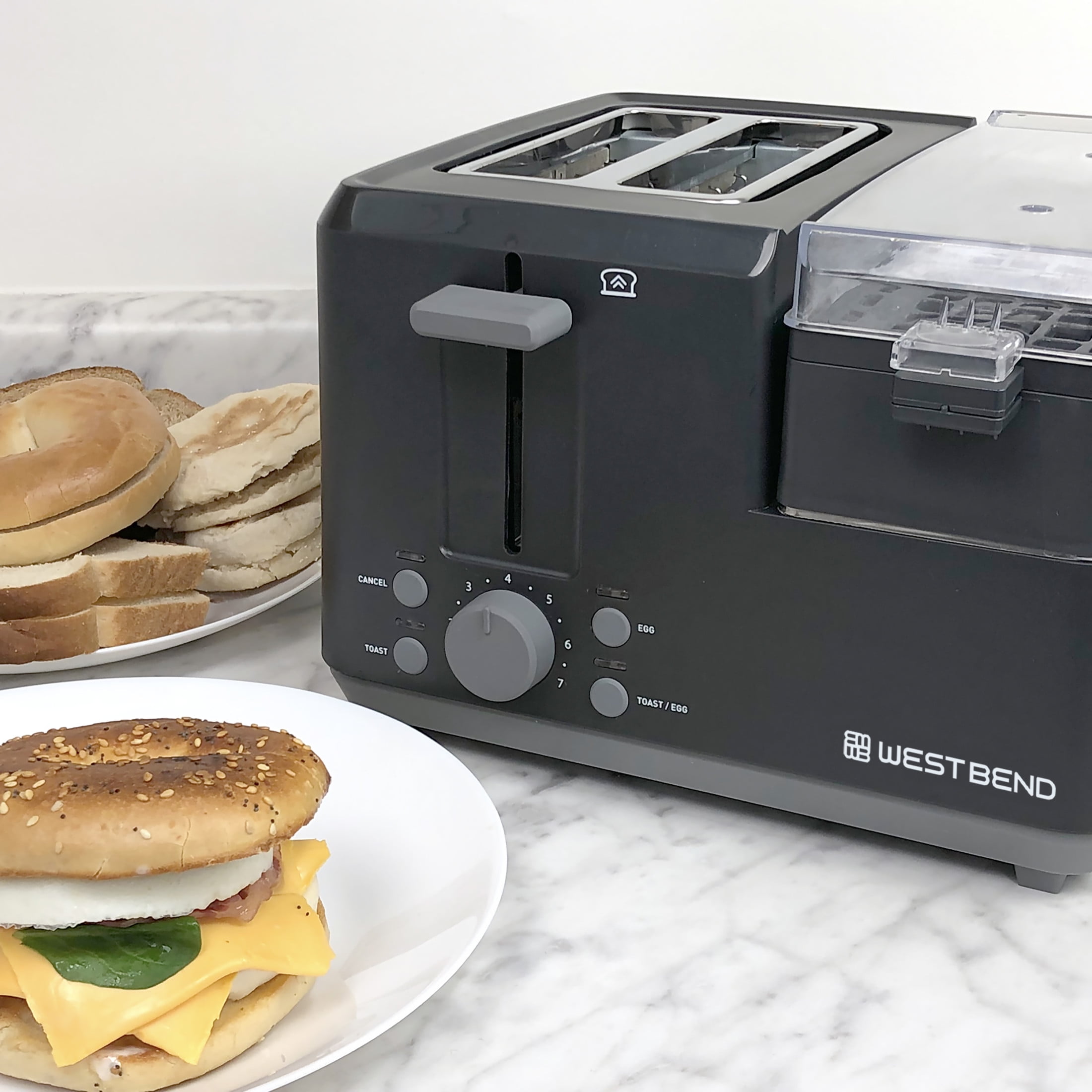 West Bend Multifunctional Breakfast Station, 2-Slice Toaster with Egg Cooker and Meat Warmer, in Black (78500)