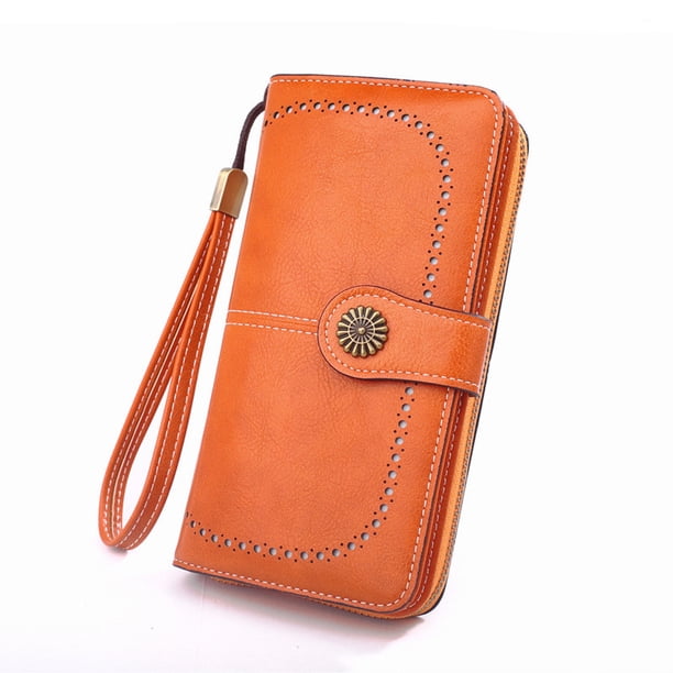 Cartero de cuero RFID bloqueador de muñeca para mujer - Funda multitarjeta con bolsillo con cremallera y correa ajustable