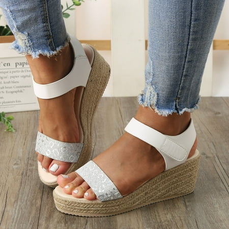 

〖Yilirongyumm〗 Silver 38 Sandals Women Sandals For Women Ladies Summer Wedge Sandals Open Toe Linen Sole Wedge Sandals Rome Shoes