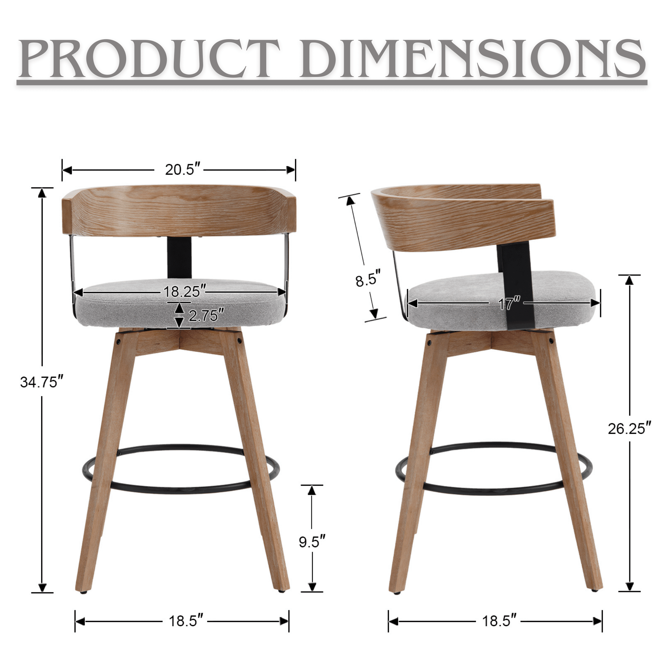 Guyou Modern Linen Upholstered 360-Degree Swivel Bar Stool Set of 1,26" Counter Height with Footrest & Backrest,Ideal for Kitchen Island & Home Bar, Grey