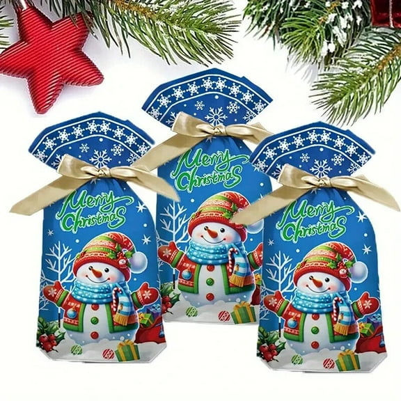 10 Pack Christmas Drawstring Gift Bags Assortment Festive Plastic Goody Bags-BLUE-10PCS