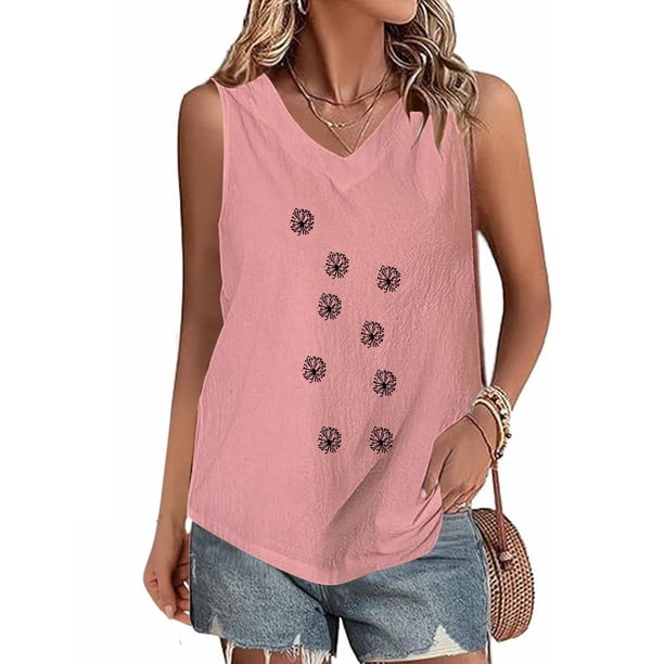 Fiudx Tops para Mujer Camiseta con Botones y Cuello Redondo de Manga Corta con Estampado Pequeño Informal y de Lino para Mujer