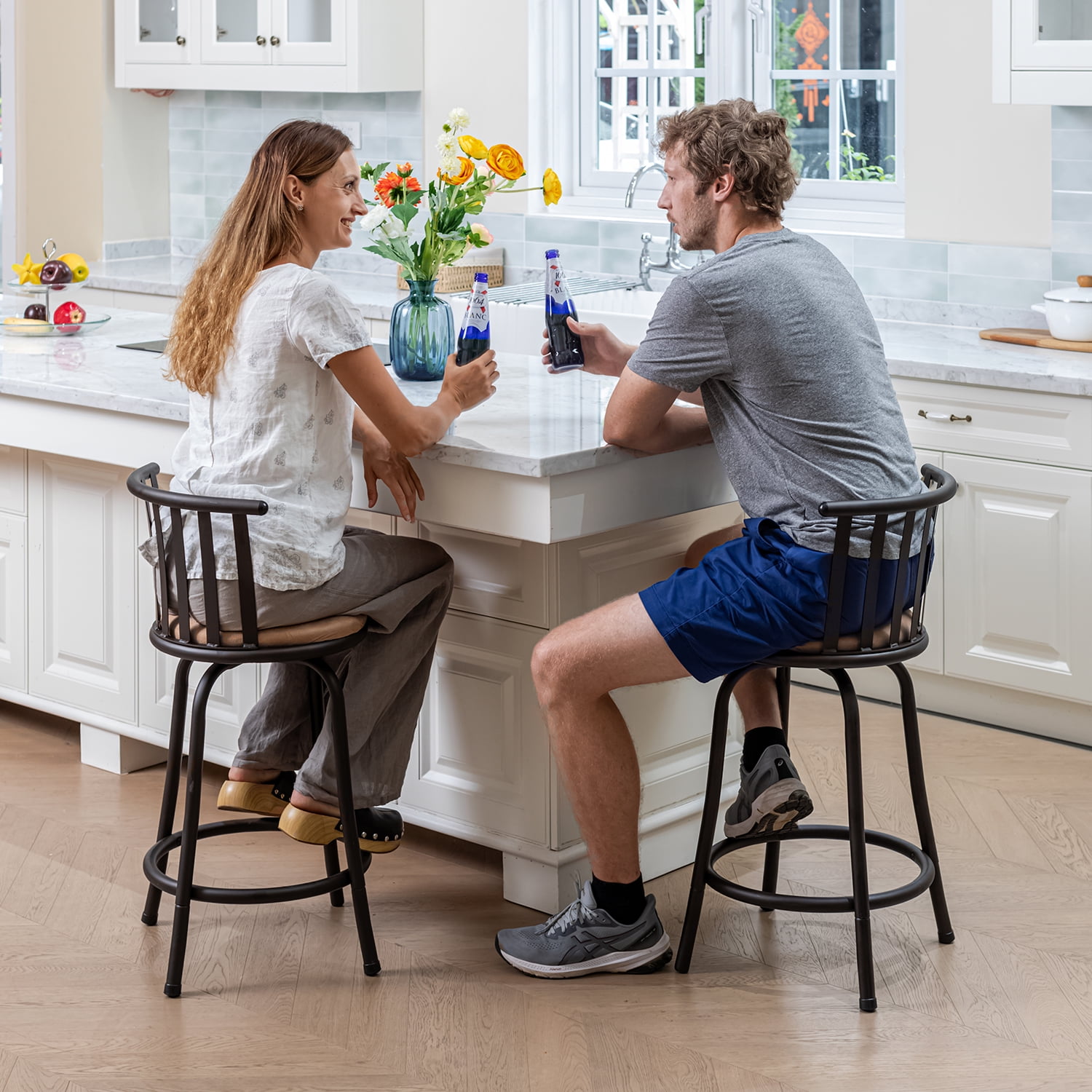 Homy Casa Swivel Counter Height Bar Stools Set of 2 with Back, Adjustable 24 or 29 Inch Upholstered Counter Stools for Kitchen Island, Brown