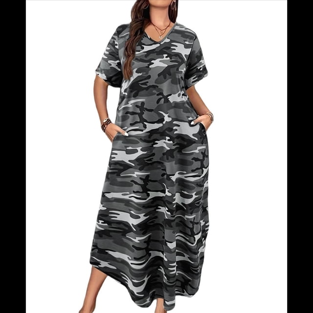 Vestido Camisero Informal de Verano para Mujer, Holgado, de Corta, Estilo Camuflaje, con Bolsillo Gris XXL
