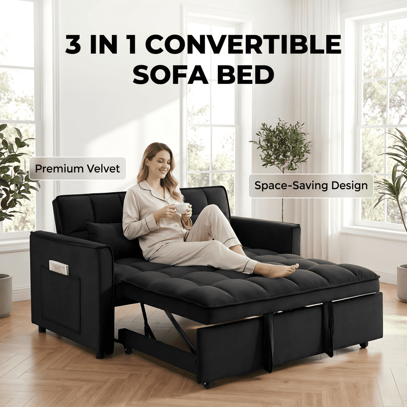 Gewnee 55" Sofa Bed, Convertible Sleeper Sofa & Pull Out Couch, 3-in-1 Velvet Loveseat with Adjustable Backrest and Storage Pocket, Black
