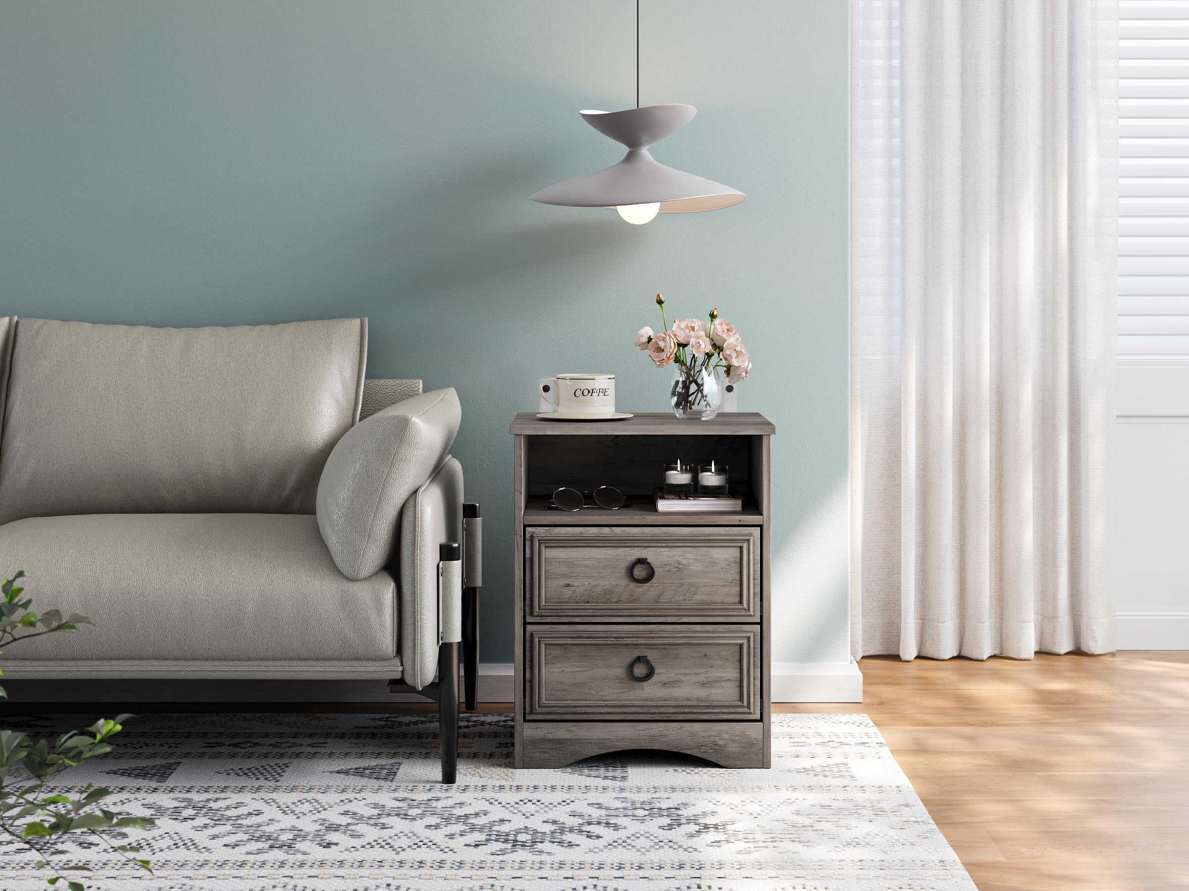 Furpezoo Nightstand Set of 2, Bedroom Bedside Table with 2 Drawers, Compartment ,Gray