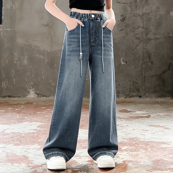 Pull on Wide Leg Jeans for Girls, Girls High Waisted Stretchy Baggy Trendy Tummy Control Straight Leg Jeans Denim Pants Blue A 7-8 Years