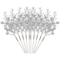 LIFKOME 10Pcs Fake Berries Branch Silver Glitter Foam Stems for Christmas Tree and Winter Holiday Decor