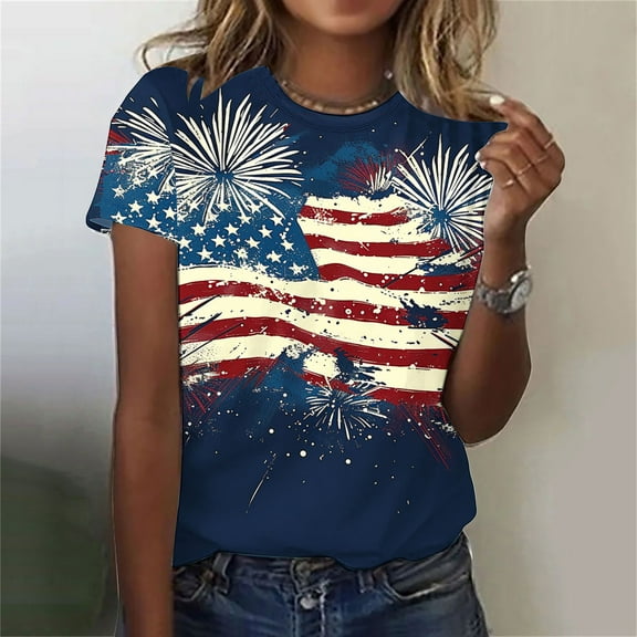 Shirts for Women under $10 Short Sleeved Independent Day Round Neck Casual Pullover Print Top Blue S