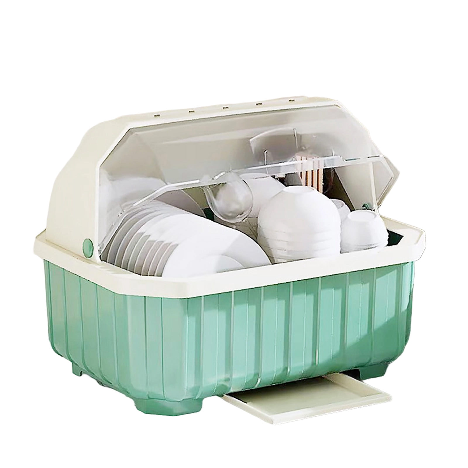 Medium Size Dish Drying Rack and Drain Board with Lid Cover,13.7" x 10.2" x 11",Kitchen Plate Cup Tray Cutlery Drainer(Light Green)