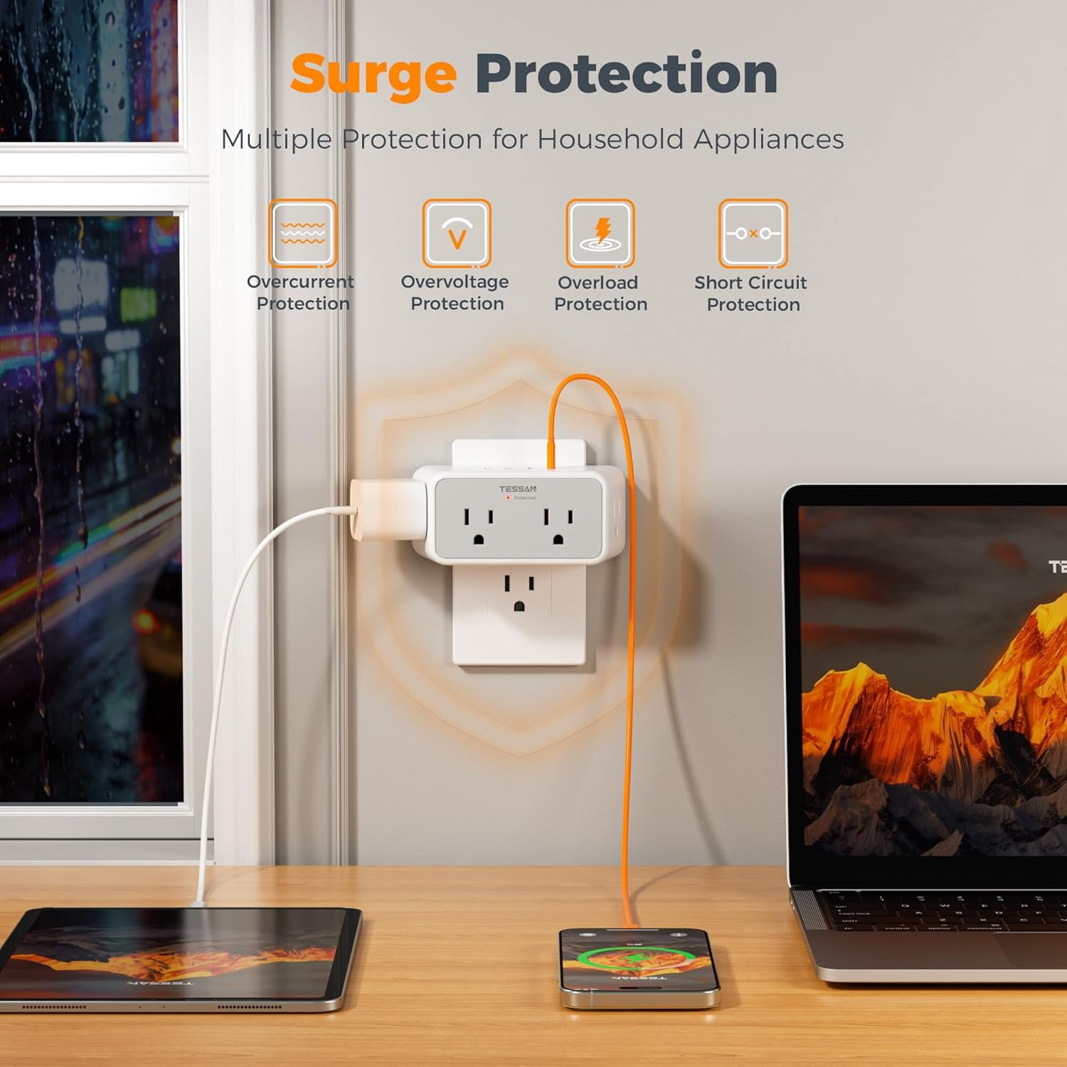 Multi Plug Outlet Extender, Surge Protector 4 Outlet Splitter with 4 USB Ports (2 USB C), 3 Side Multiple Wall Plug Expander for Home Office Kitchen Dorm Room Essentials
