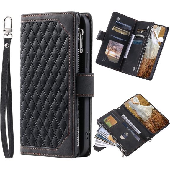ZUKKASHAN iPhone 14 Pro Max Phone Case Zipper Pocket Flip Shockproof Leather Folio Wallet Case with 6 Card Holder Slots Stand Silicone Bumper Zip Cover for iPhone 14 Pro Max Case Girls Women