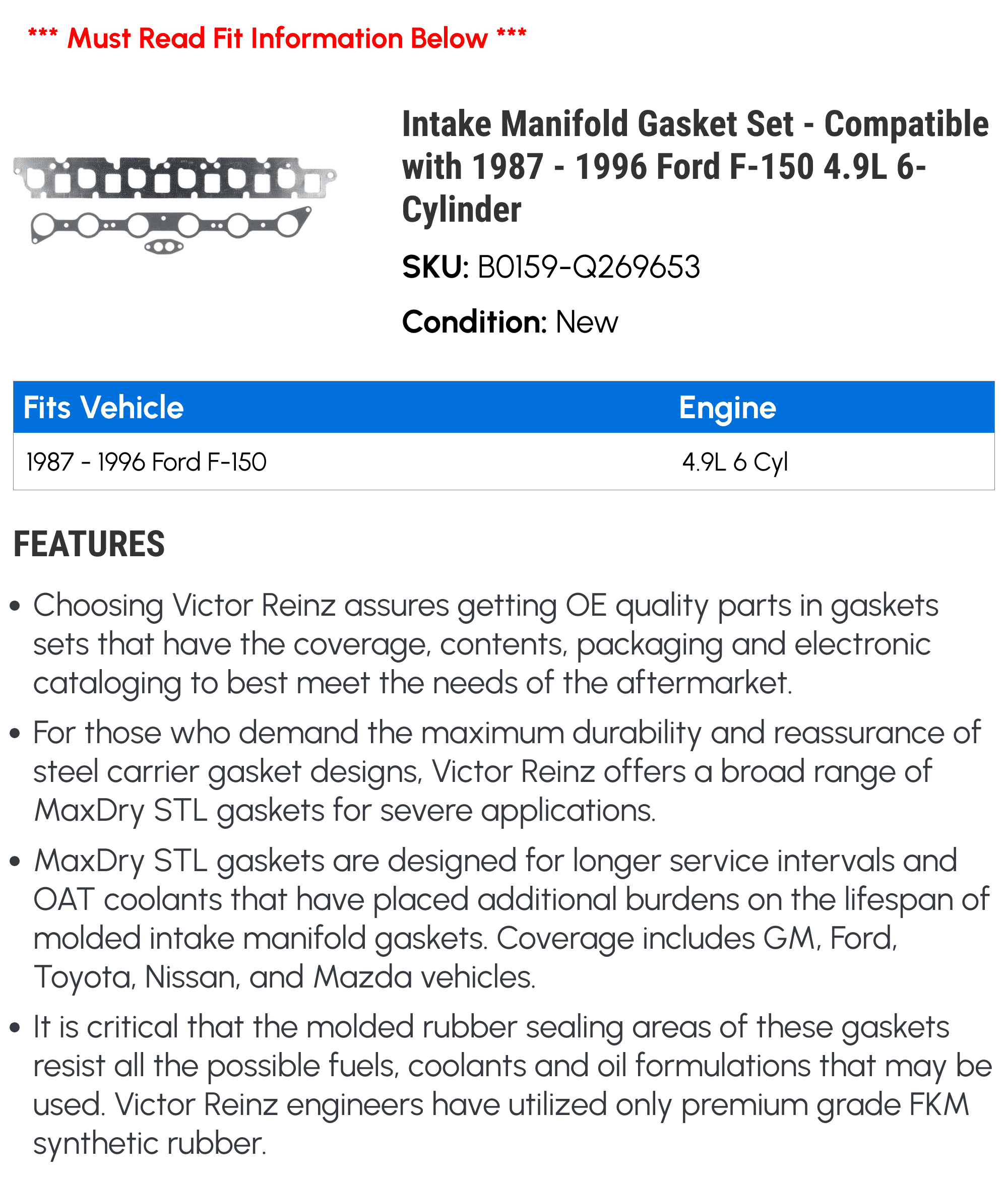 Intake Manifold Gasket Set - Compatible with 1987 - 1996 Ford F-150 4.9L 6-Cylinder 1988 1989 1990 1991 1992 1993 1994 1995